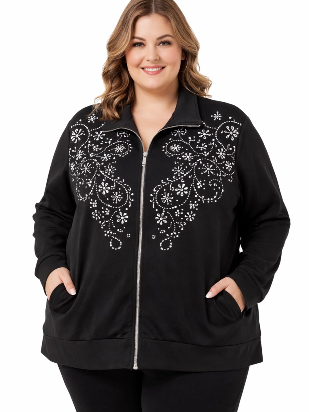 Susan Graver Women’s Zip Up Jacket Rhinestone Embellished Black Size 3X